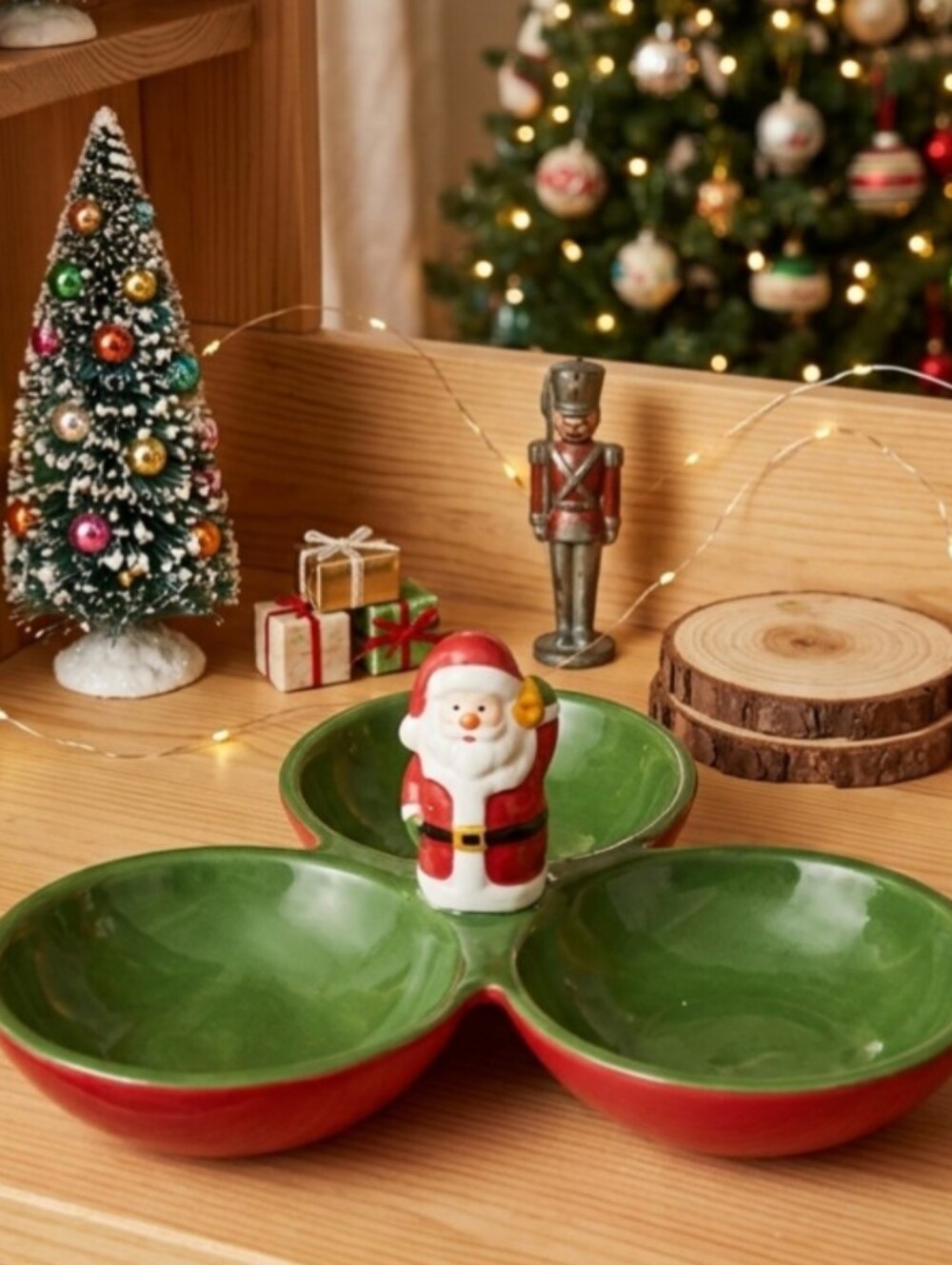 Ceramic Santa Christmas Candy Dish Three Section Holiday Festive Candy Dish